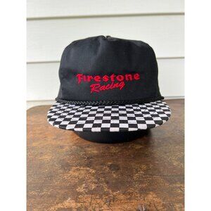 Vintage Firestone Racing Checkered Brim Black Snapback Hat H3